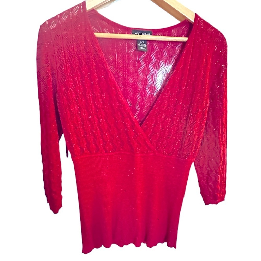 🔴5 for $40 SALE! Lane Bryant Red V Neck Sparkly Loose Knit Ribbed Bodice Top 14
